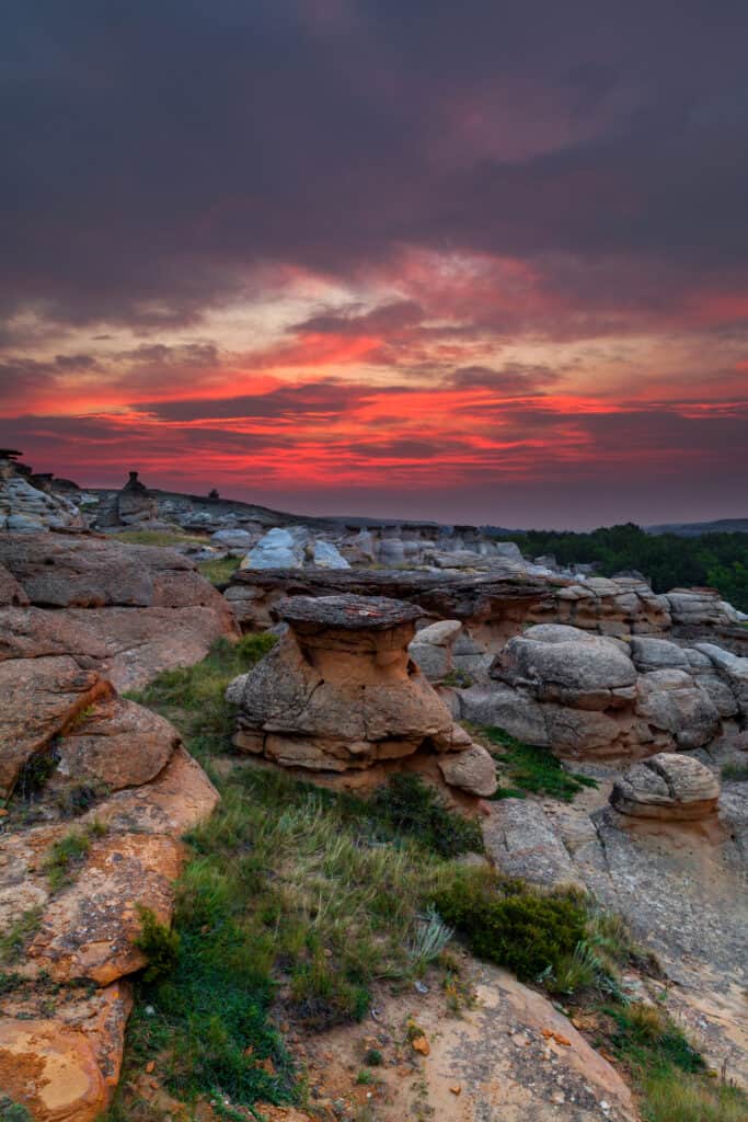 a pink sky with mushroom-shaped rock formations