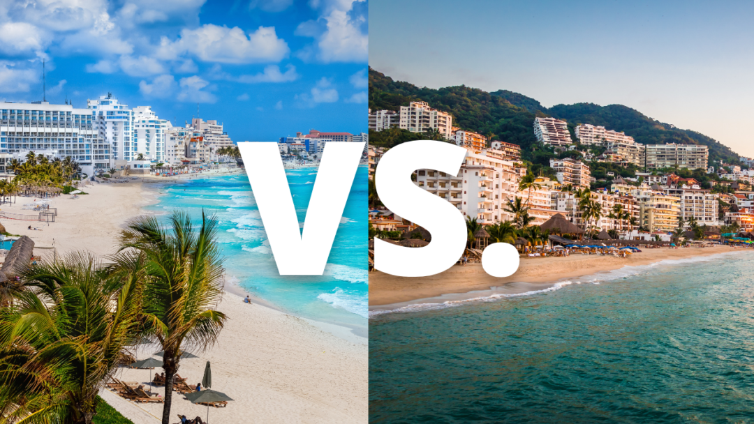 Comparison image showing Puerto Vallarta Pacific coast beaches versus Caribbean Riviera Maya beaches