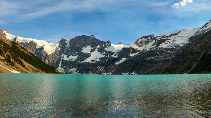 glacier blue lake surrounded by mountains