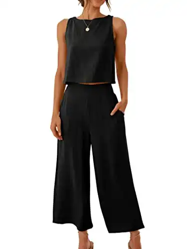Women's Summer 2 Piece Outfits Linen Sleeveless Tank Crop Top Wide Leg Pants Rompers Matching Lounge Set 2024