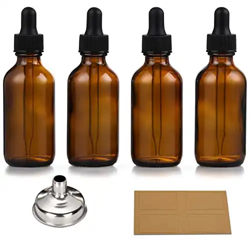 Set of 4, 1 oz Eye Dropper Bottles with 1 Stainless Steel Funnels & 4 Labels - 30ml Thick Dark Amber Glass - Leakproof Essential Oils Bottle for Storage and Travel