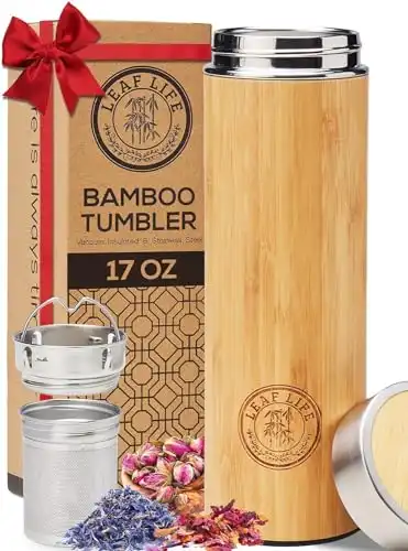 Bamboo Thermos with Tea Infuser & Strainer 17oz capacity - Keeps Hot & Cold for 12 Hrs - Vacuum Insulated Stainless Steel Travel Tea Tumbler Infuser Bottle for Loose Leaf Tea