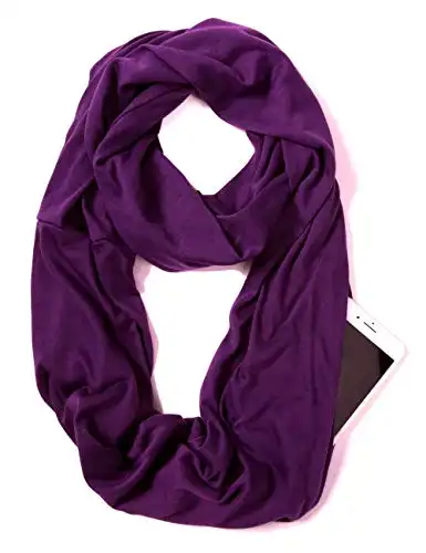 Infinity Loop Solid Color Scarf With Hidden Zipper Pocket For Women - Lightweight Travel Neck Wrap