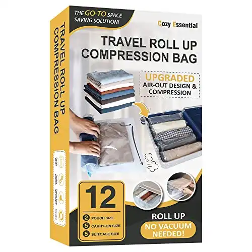 12 Travel Compression Bags Vacuum Packing, Roll Up Space Saver Bags for Luggage, Cruise Ship Essentials (5 Large /5 Medium/2 Small Roll)