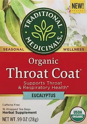 Traditional Medicinals Tea, Organic Throat Coat Eucalyptus, Throat and Respiratory Support, 16 Tea Bags