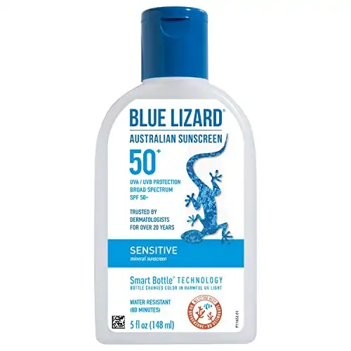 BLUE LIZARD Sensitive Mineral Sunscreen with Zinc Oxide, SPF 50+, Water Resistant, UVA/UVB Protection with Smart Bottle Technology - Fragrance Free