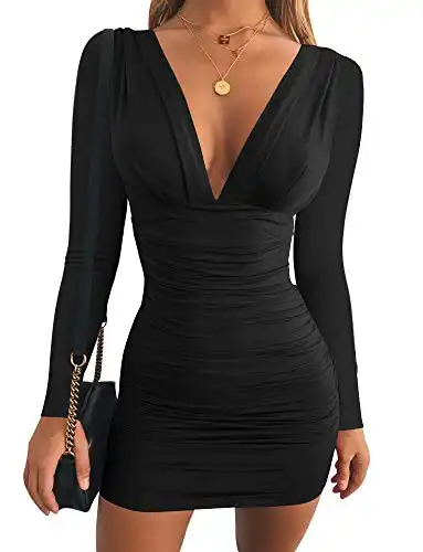 Women's Sexy Long Sleeve V Neck Ruched Bodycon Mini Party Cocktail Dress