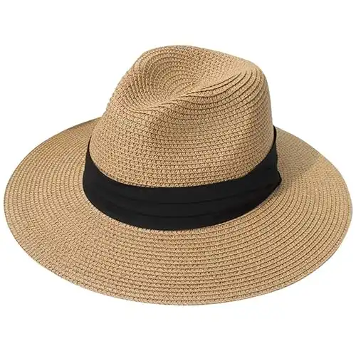 Lanzom Women Wide Brim Straw Panama Roll up Hat Fedora Beach Sun Hat UPF50+