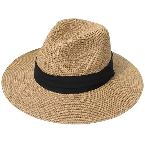 Lanzom Women Wide Brim Straw Panama Roll up Hat Fedora Beach Sun Hat UPF50+